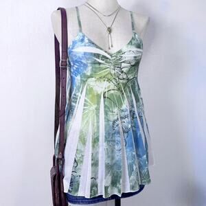 Mudd Badydoll Tank Top Y2K Butterfly Print Cami Fairycore Green Blue Pleated